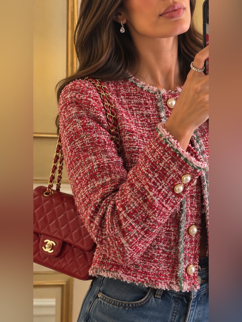❤️ Zara Red Tweed Fringe-Trim Jacket — Size S